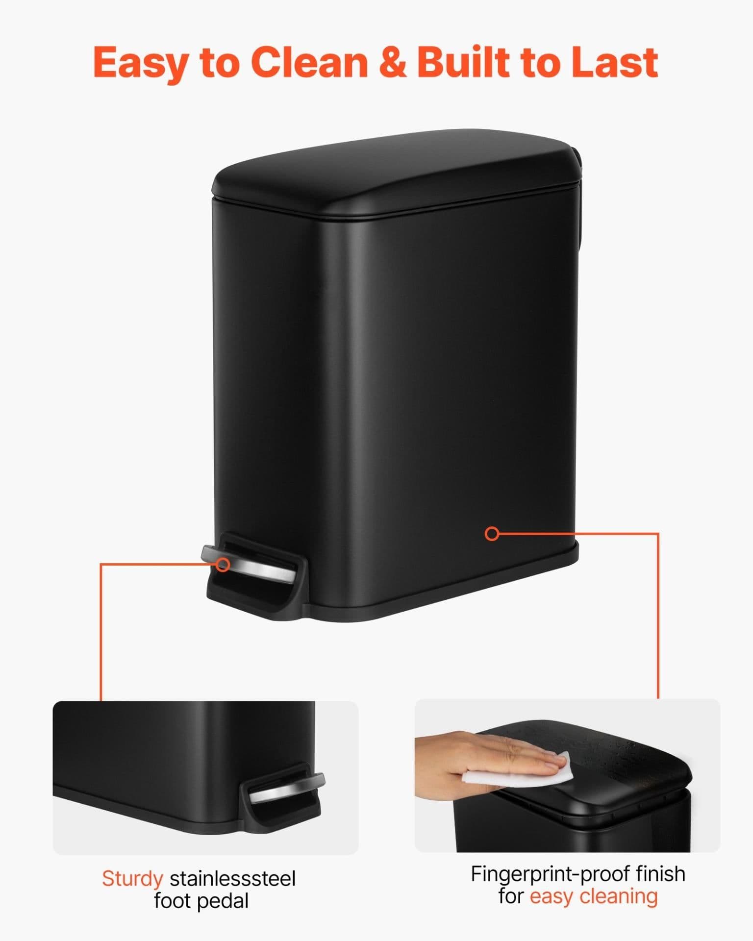 image-VEVOR Slim Bathroom Trash Can, 11.4 x 5.71 x 10.7 Inch Small Bedroom Trashcan with Step Pedal & Soft Close Lid, 6L Steel Garbage Can with Detachable Inner Bin, for Kitchen, Home, Dorm, Office, Black