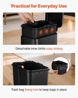 image-VEVOR Slim Bathroom Trash Can, 11.4 x 5.71 x 10.7 Inch Small Bedroom Trashcan with Step Pedal & Soft Close Lid, 6L Steel Garbage Can with Detachable Inner Bin, for Kitchen, Home, Dorm, Office, Black