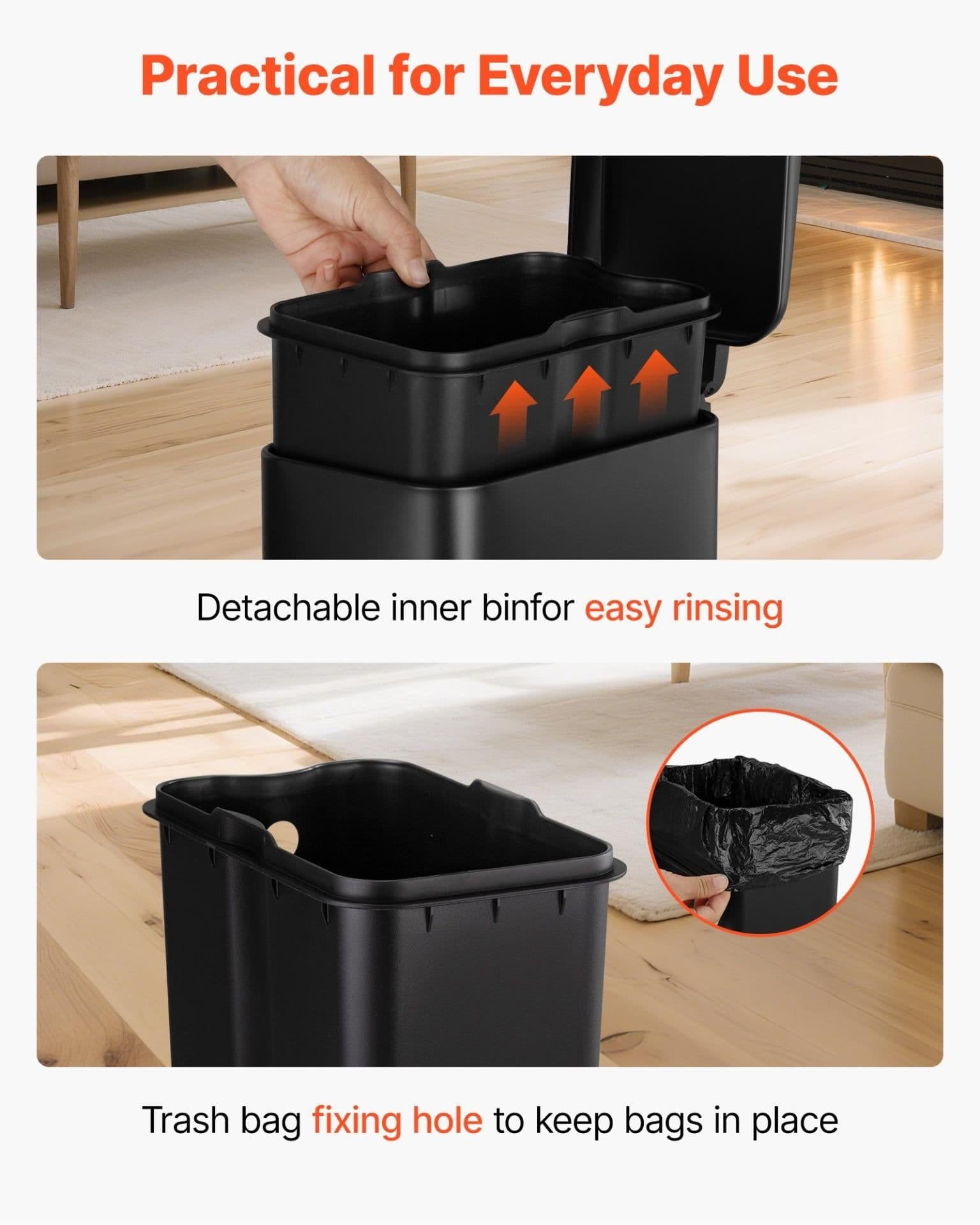 image-VEVOR Slim Bathroom Trash Can, 11.4 x 5.71 x 10.7 Inch Small Bedroom Trashcan with Step Pedal & Soft Close Lid, 6L Steel Garbage Can with Detachable Inner Bin, for Kitchen, Home, Dorm, Office, Black