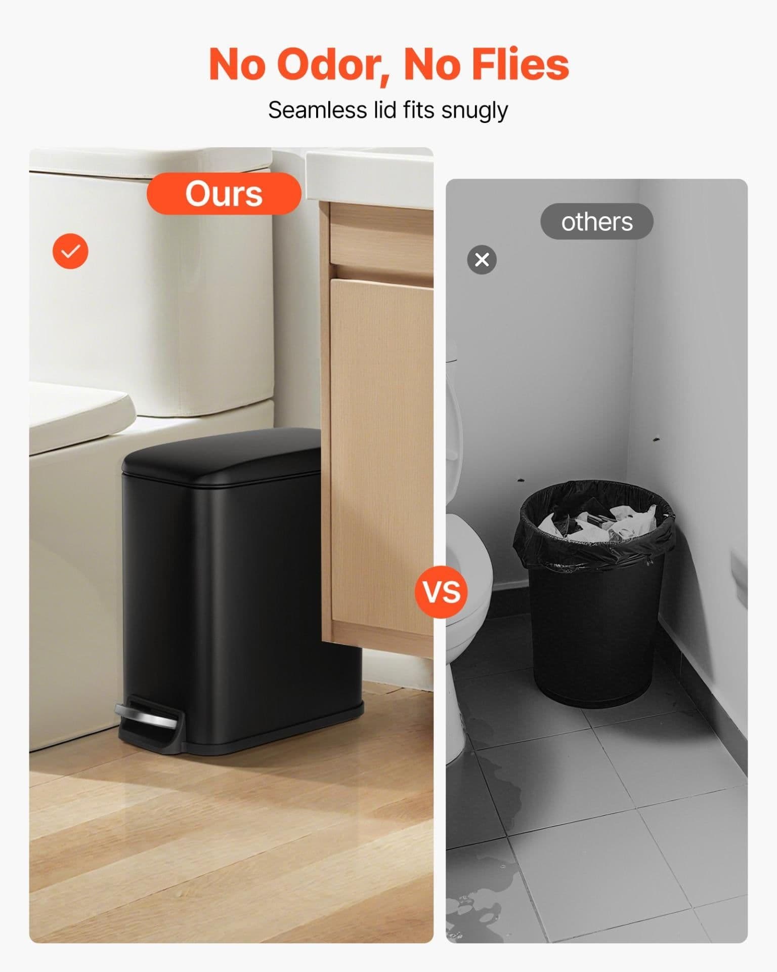 image-VEVOR Slim Bathroom Trash Can, 11.4 x 5.71 x 10.7 Inch Small Bedroom Trashcan with Step Pedal & Soft Close Lid, 6L Steel Garbage Can with Detachable Inner Bin, for Kitchen, Home, Dorm, Office, Black