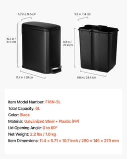image-VEVOR Slim Bathroom Trash Can, 11.4 x 5.71 x 10.7 Inch Small Bedroom Trashcan with Step Pedal & Soft Close Lid, 6L Steel Garbage Can with Detachable Inner Bin, for Kitchen, Home, Dorm, Office, Black