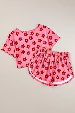 image-Rose Floral Print Crop Tee and Shorts Lounge Set