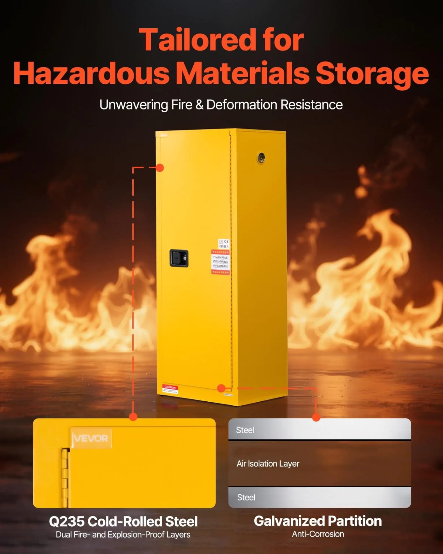 image-VEVOR Flammable Cabinet, 23.2 x 18.1 x 65.0 inch, 23 Gallon Flammable Storage Cabinet with Adjustable Shelf, Cold-Rolled and Galvanized Steel Fire Cabinets, for Commercial Industrial Home Use, Yellow