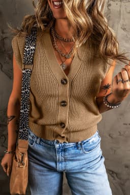 image-Parchment V Neck Buttoned Front Sweater Vest - Elegant & Versatile