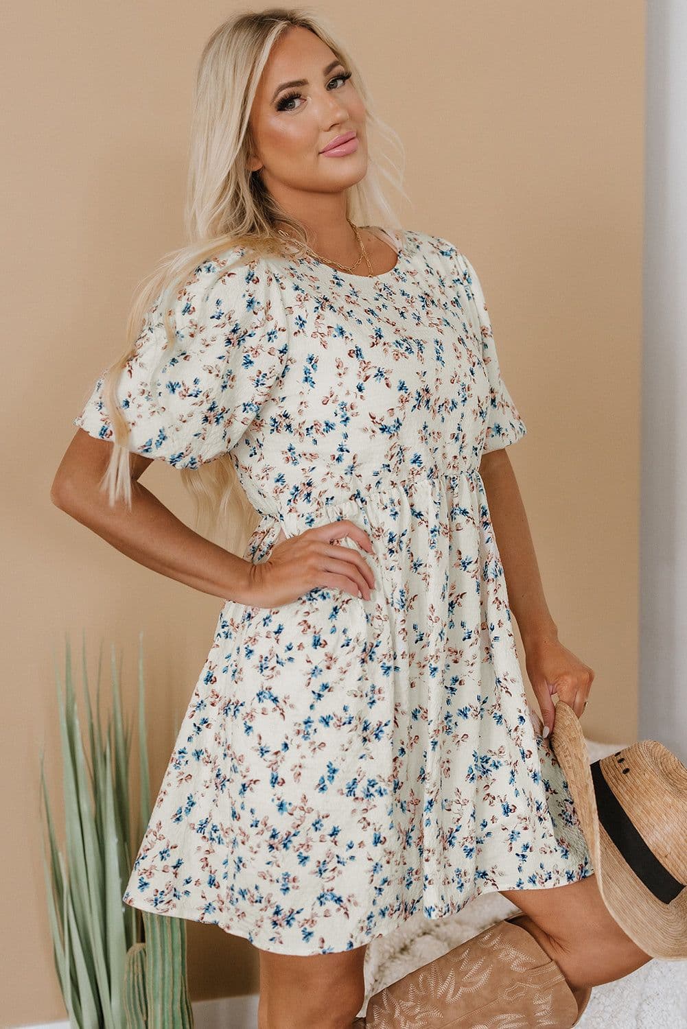 image-Beige Floral Puff Short Sleeve Empire Waist Mini Dress