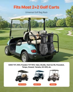 image-VEVOR Golf Cart Bag Holder, 53.9 x 7.7 x 2.4 Inch, Compatible with Most 2+2 Golf Cart Rear Seat with 1.2-Inch Square Tubes, Adjustable Rear Seat Carts Club Holder with Strap, No Drilling Required