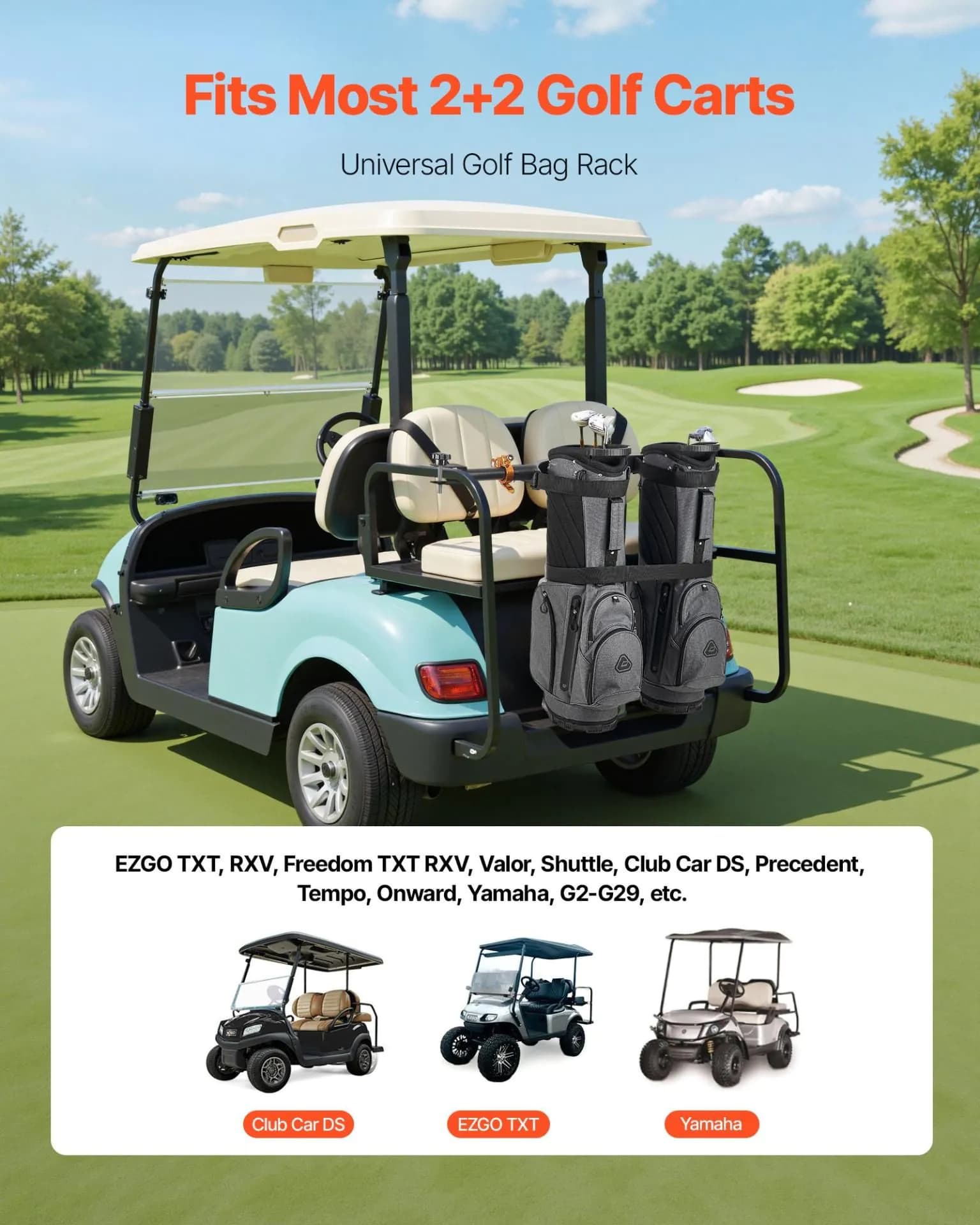 image-VEVOR Golf Cart Bag Holder, 53.9 x 7.7 x 2.4 Inch, Compatible with Most 2+2 Golf Cart Rear Seat with 1.2-Inch Square Tubes, Adjustable Rear Seat Carts Club Holder with Strap, No Drilling Required