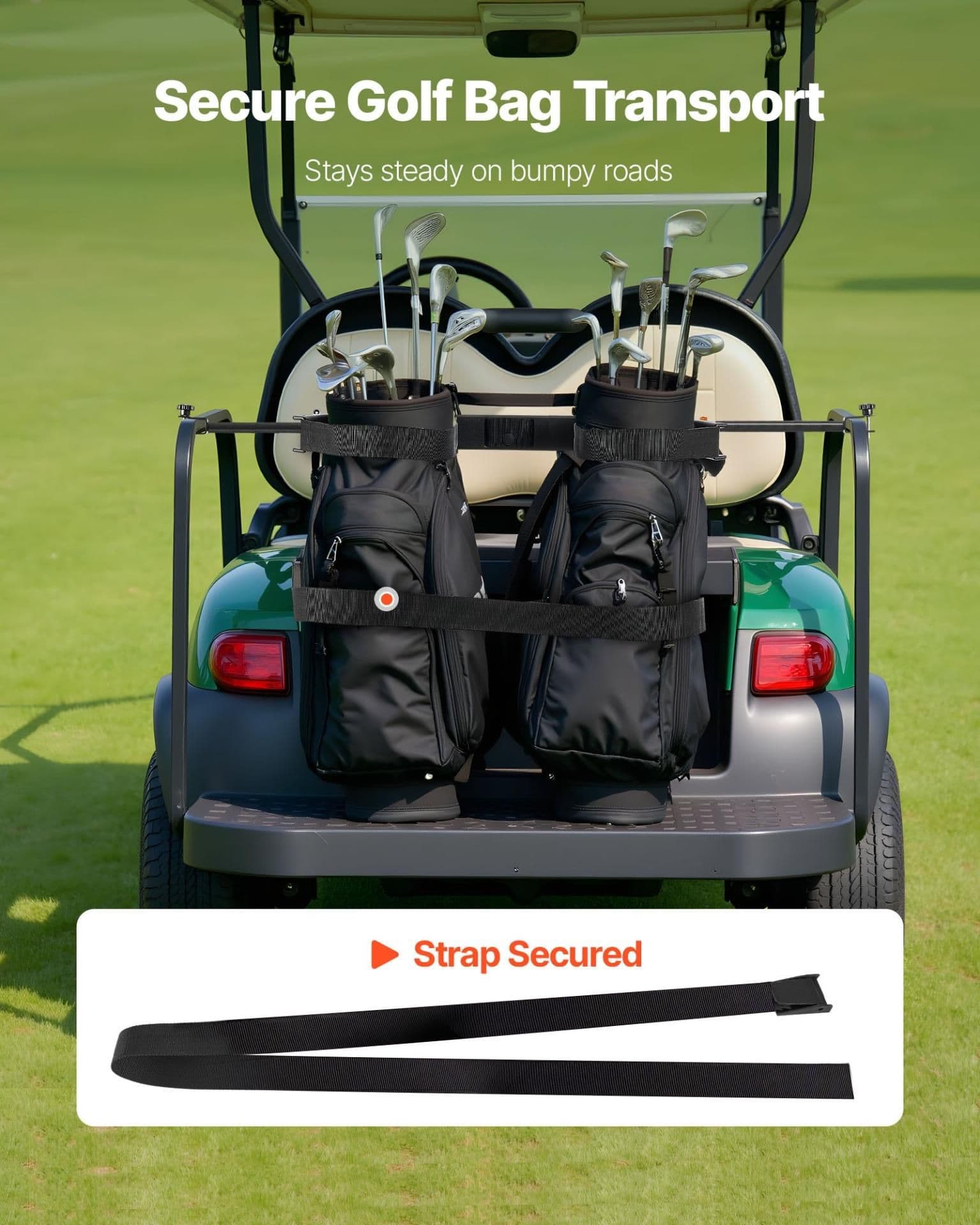 image-VEVOR Golf Cart Bag Holder, 53.9 x 7.7 x 2.4 Inch, Compatible with Most 2+2 Golf Cart Rear Seat with 1.2-Inch Square Tubes, Adjustable Rear Seat Carts Club Holder with Strap, No Drilling Required
