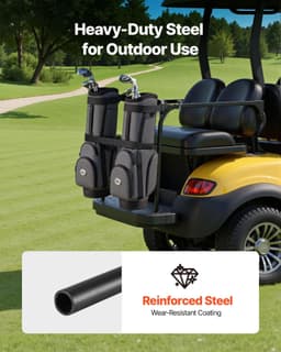 image-VEVOR Golf Cart Bag Holder, 53.9 x 7.7 x 2.4 Inch, Compatible with Most 2+2 Golf Cart Rear Seat with 1.2-Inch Square Tubes, Adjustable Rear Seat Carts Club Holder with Strap, No Drilling Required