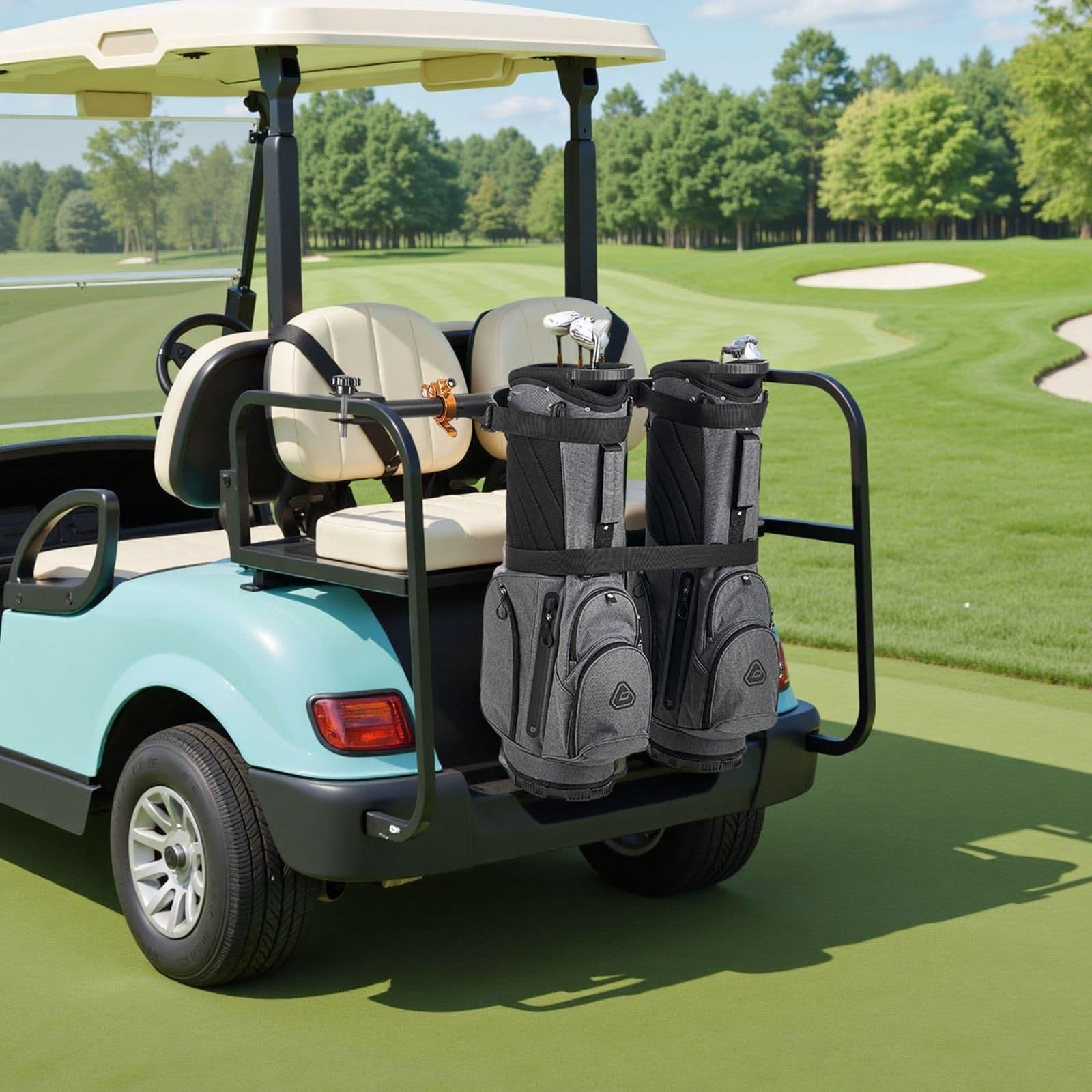 image-VEVOR Golf Cart Bag Holder, 53.9 x 7.7 x 2.4 Inch, Compatible with Most 2+2 Golf Cart Rear Seat with 1.2-Inch Square Tubes, Adjustable Rear Seat Carts Club Holder with Strap, No Drilling Required