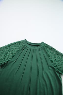 image-Khaki Contrast Lace Raglan Sleeve Tee - Casual Short Sleeve Top