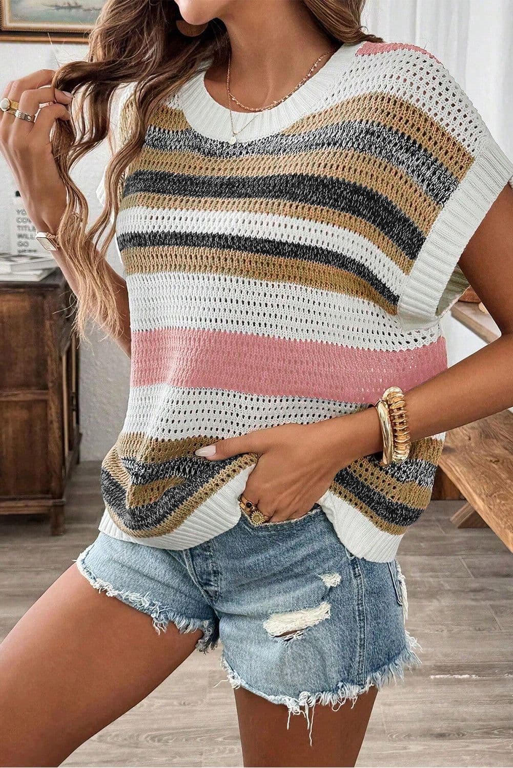image-Striped Color Block Eyelet Knit Short Sleeve Tee - Pink