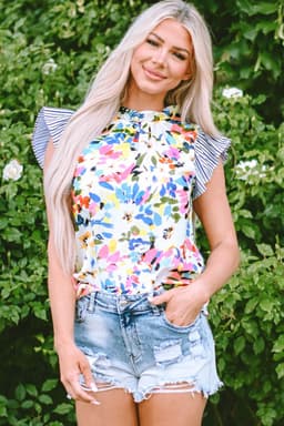 image-Light Blue Floral Print Blouse - Striped Ruffled Sleeves