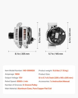 image-VEVOR Car Alternator 11598, Fit for Dodge Challenger V6 3.6L 2015-2021, Charger 2011-2021, Durango 2011-2020, Jeep Grand Cherokee 11-20, Ram 1500 13-15, Automotive Replacement Alternator 4210007040