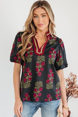 image-White Floral Blouse - Short Puff Sleeve Contrast