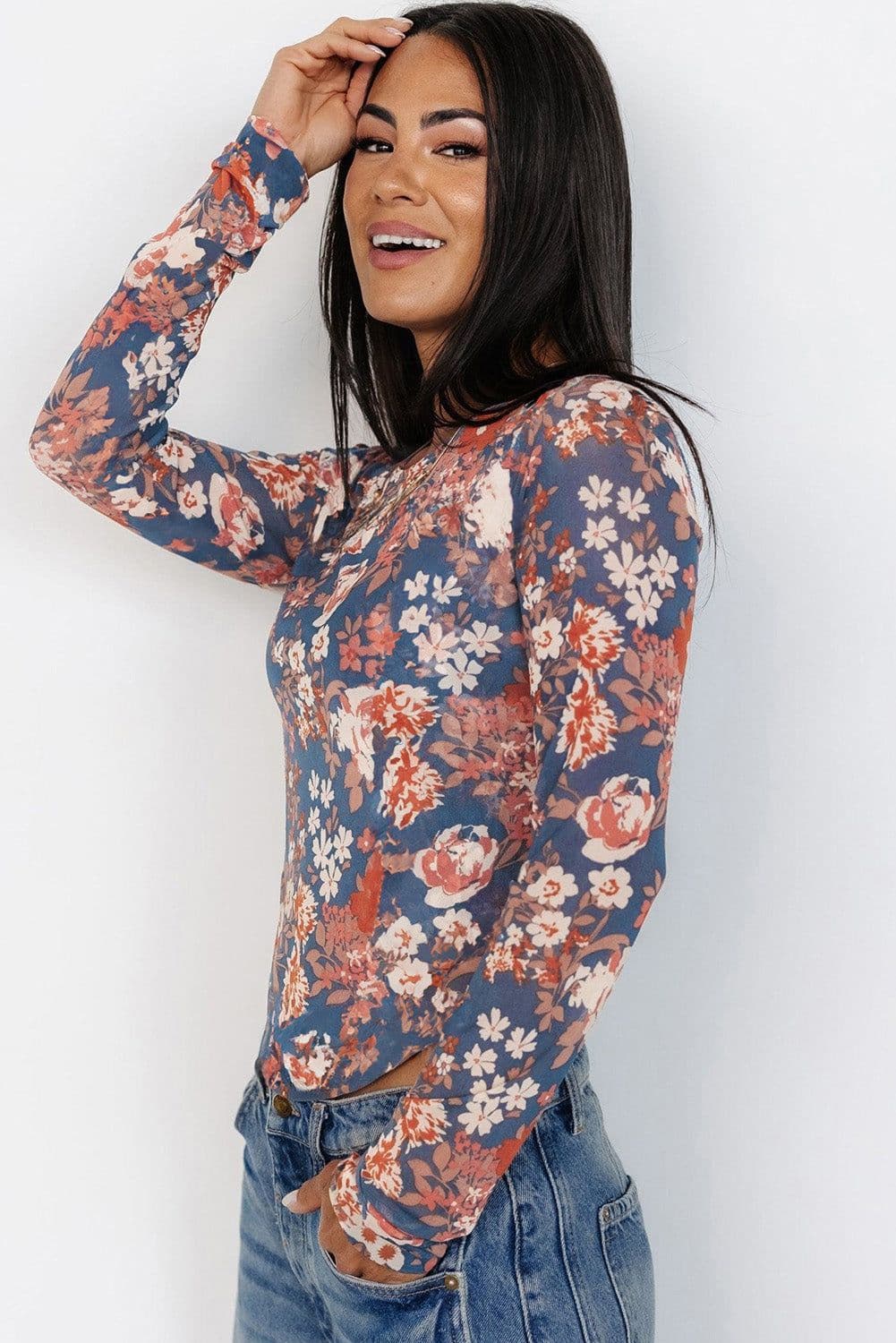 image-Orchid Petal Floral Mesh Long Sleeve Fitted Top