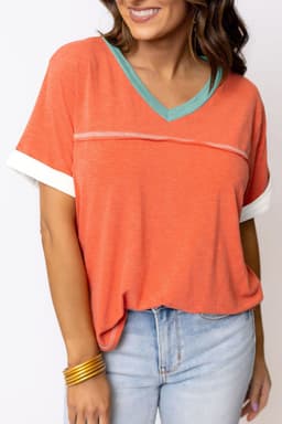 image-Contrast Trim V-Neck T-shirt - Grapefruit Orange