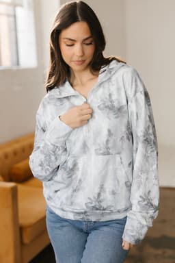 image-Gray Camo Leaf Print Quarter Zip Hoodie