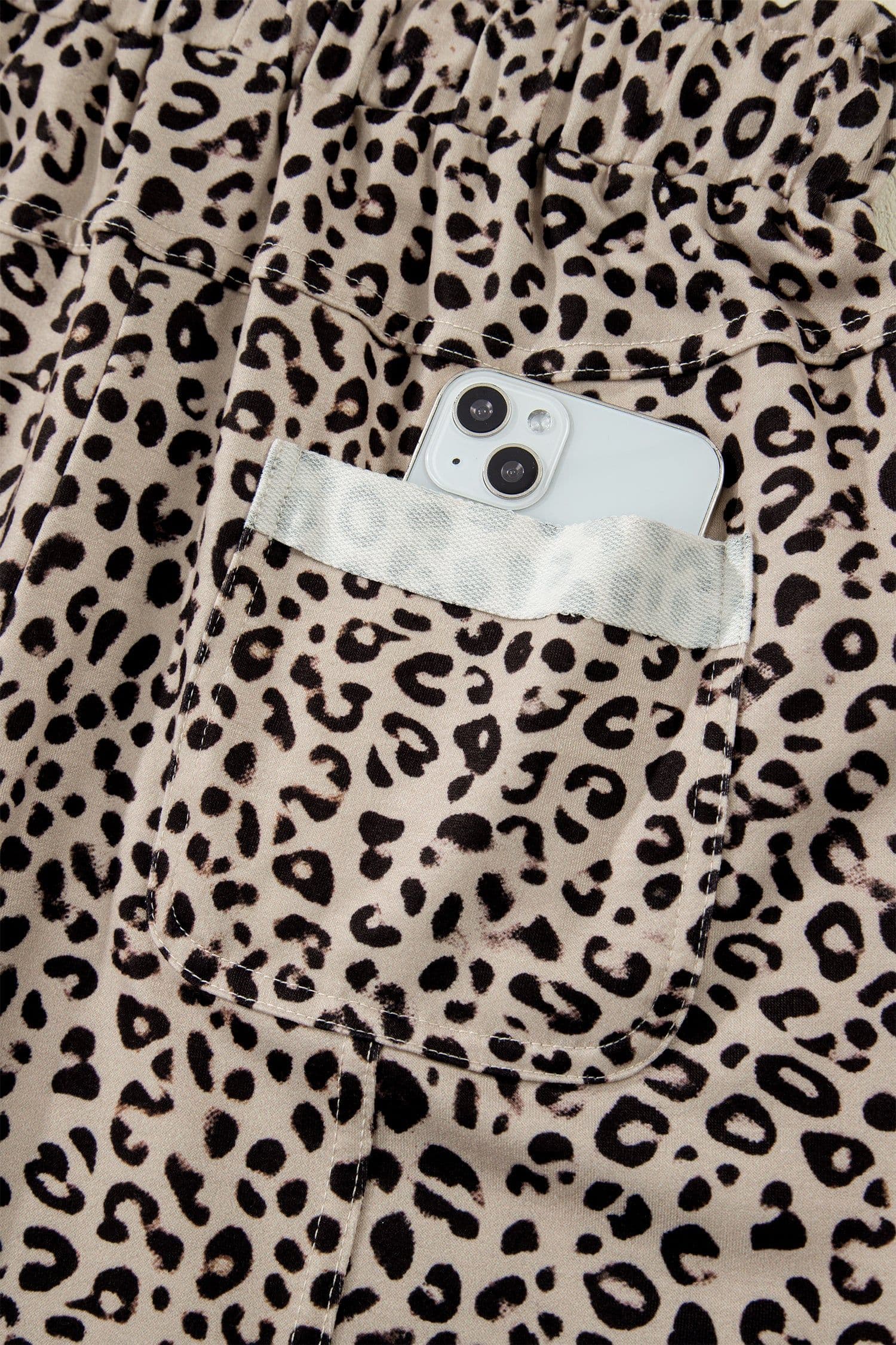 image-Khaki Animal Print Wide Leg Terry Knit Pants