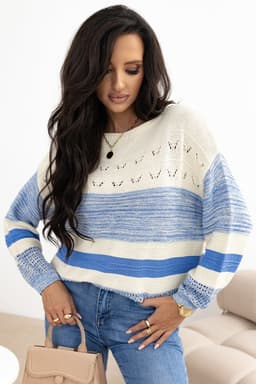 image-Light Blue Puff Sleeve Open Stitch Sweater - Fashionable Relaxed Fit