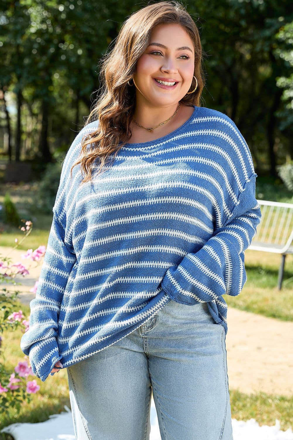 image-Sky Blue Stripe Drop Shoulder Sweater - Plus Size