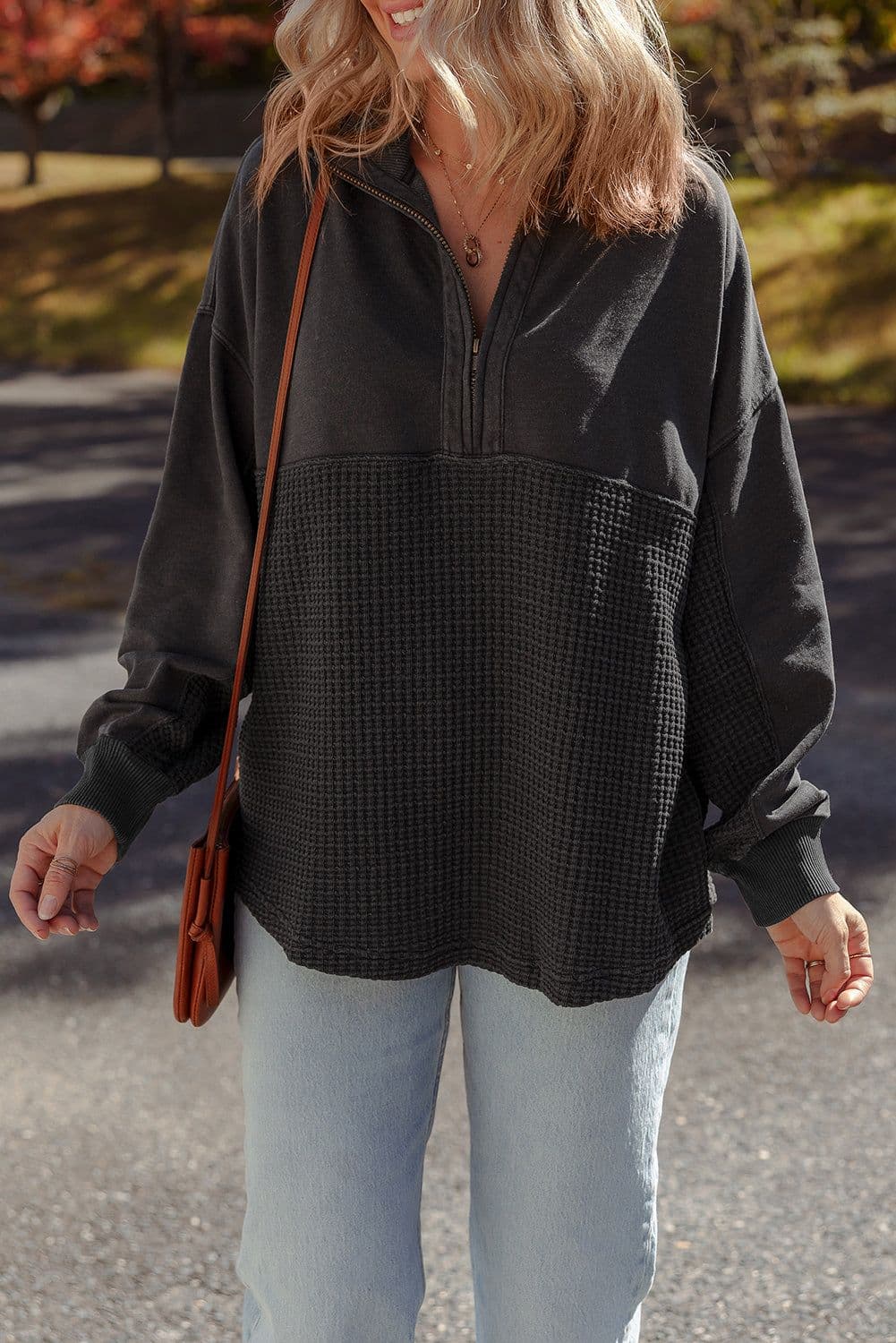 image-Carbon Grey Waffle Knit Half Zip Sweatshirt