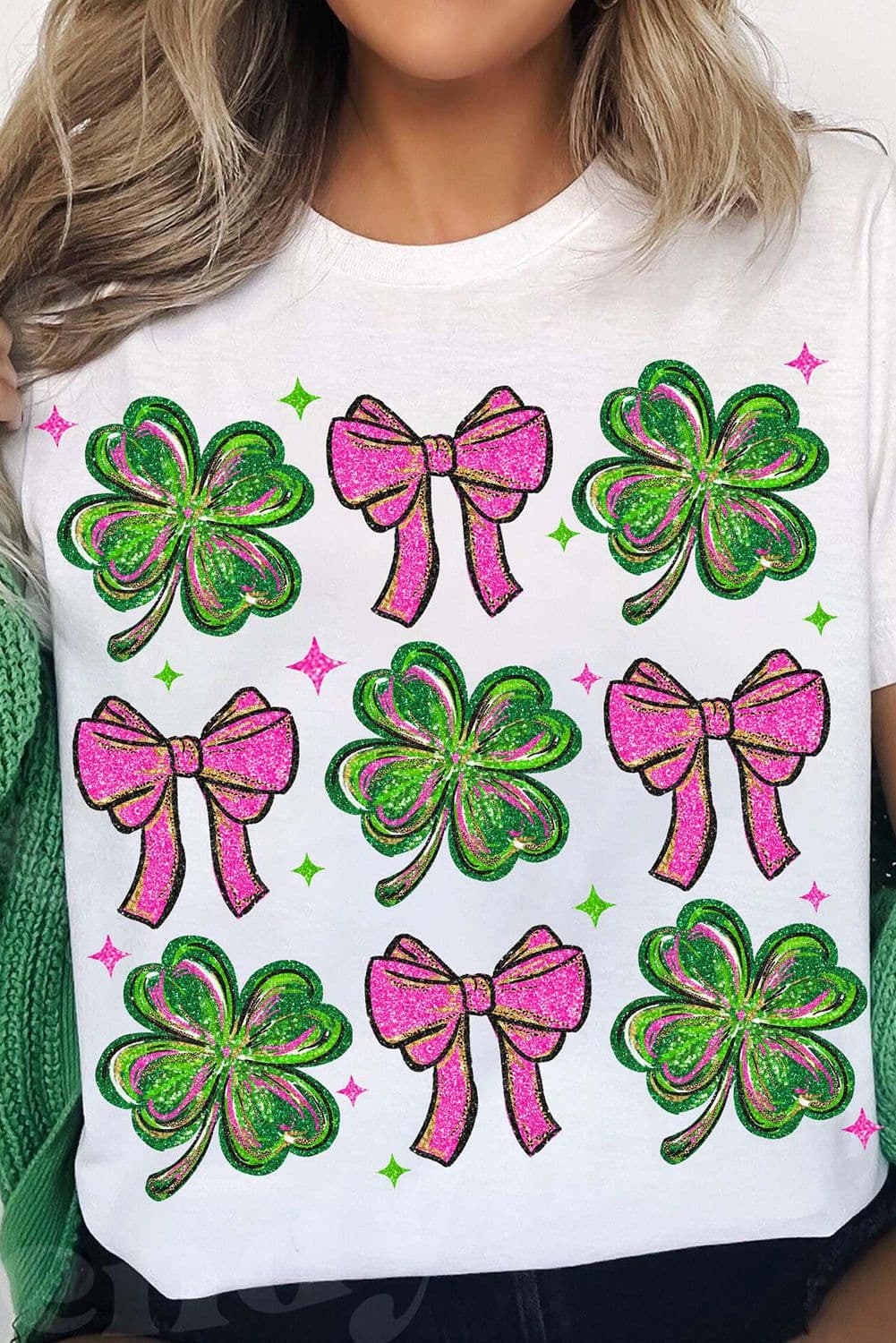 image-White St Patrick Shamrock Bowknot Crewneck Tee