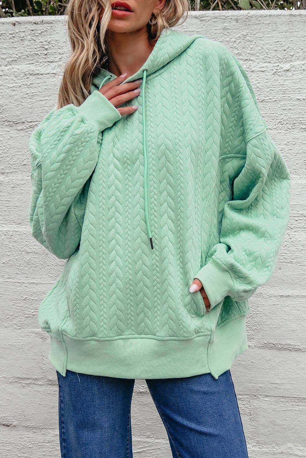 image-Moonlight Jade Cable Textured Baggy Hoodie