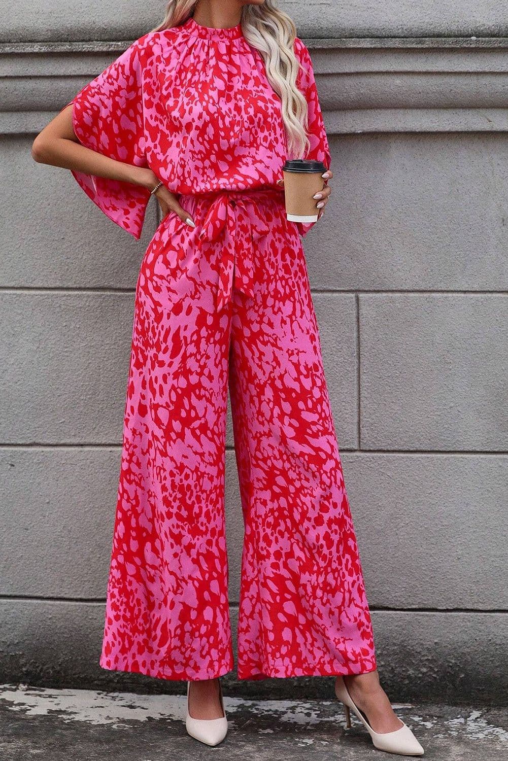 image-Leopard Print Wide Leg Jumpsuit - Rose Belted Loose Fit