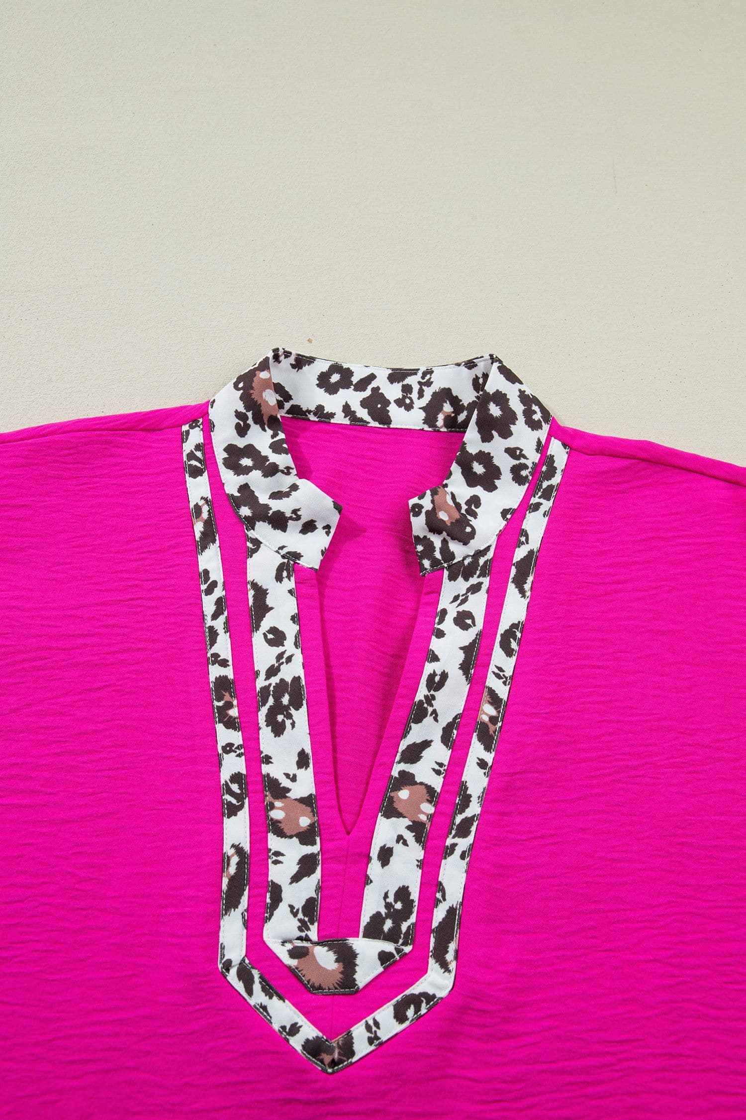 image-Black Dolman Half Sleeve Leopard Patchwork V Neck Blouse
