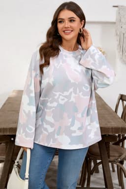 image-Green Plus Size Camouflage Print Drop Shoulder Pullover
