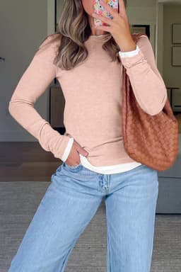 image-Smoke Gray Color Block Patchwork Long Sleeve Top