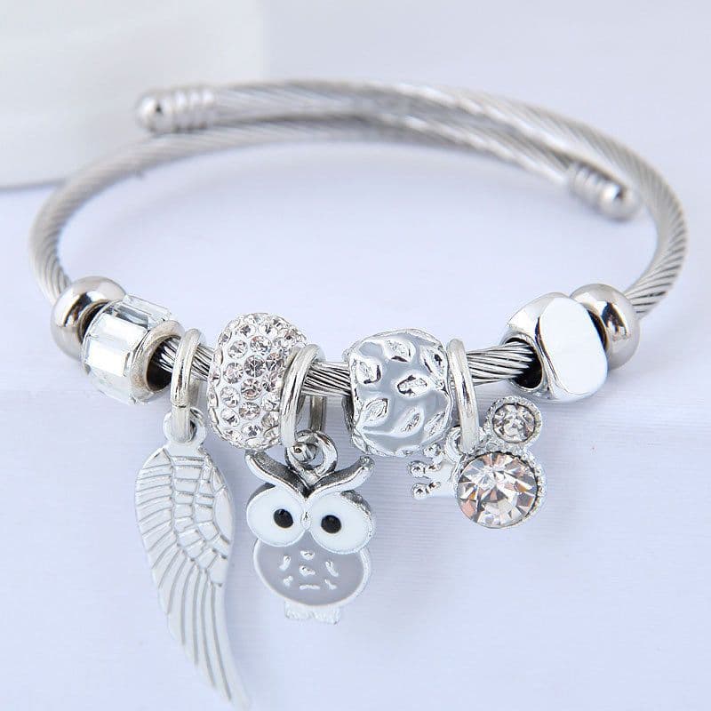 image-DIY Beaded Owl Angel Wings Pendant Stainless Steel Bracelet