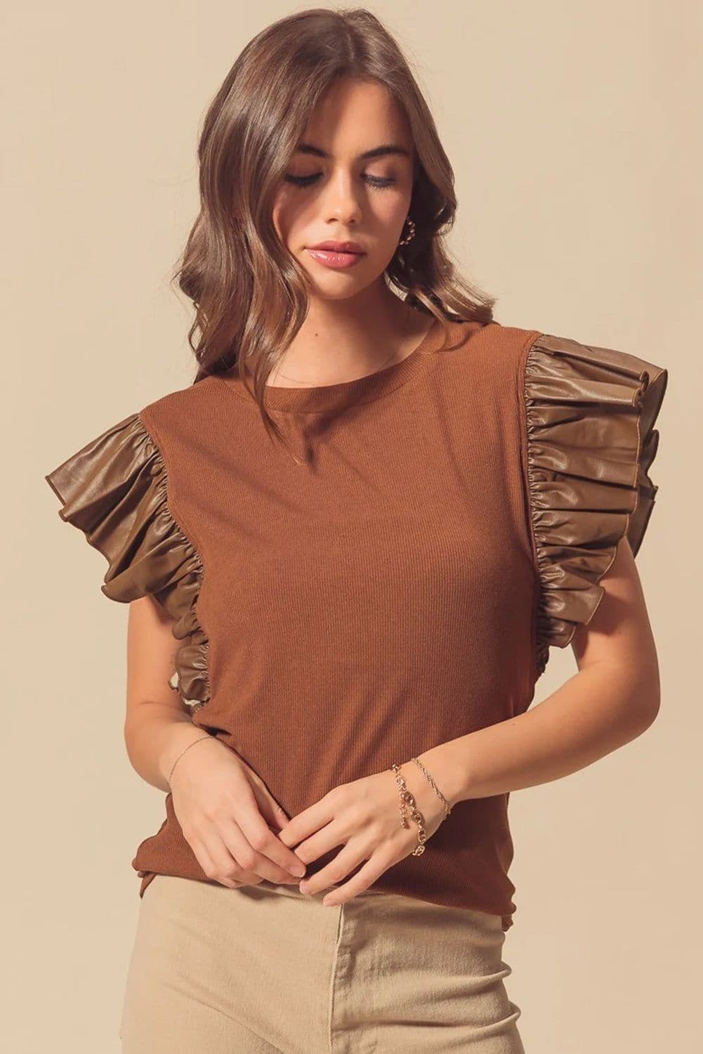 image-Cinnamon Leather Ruffle Sleeve Blouse