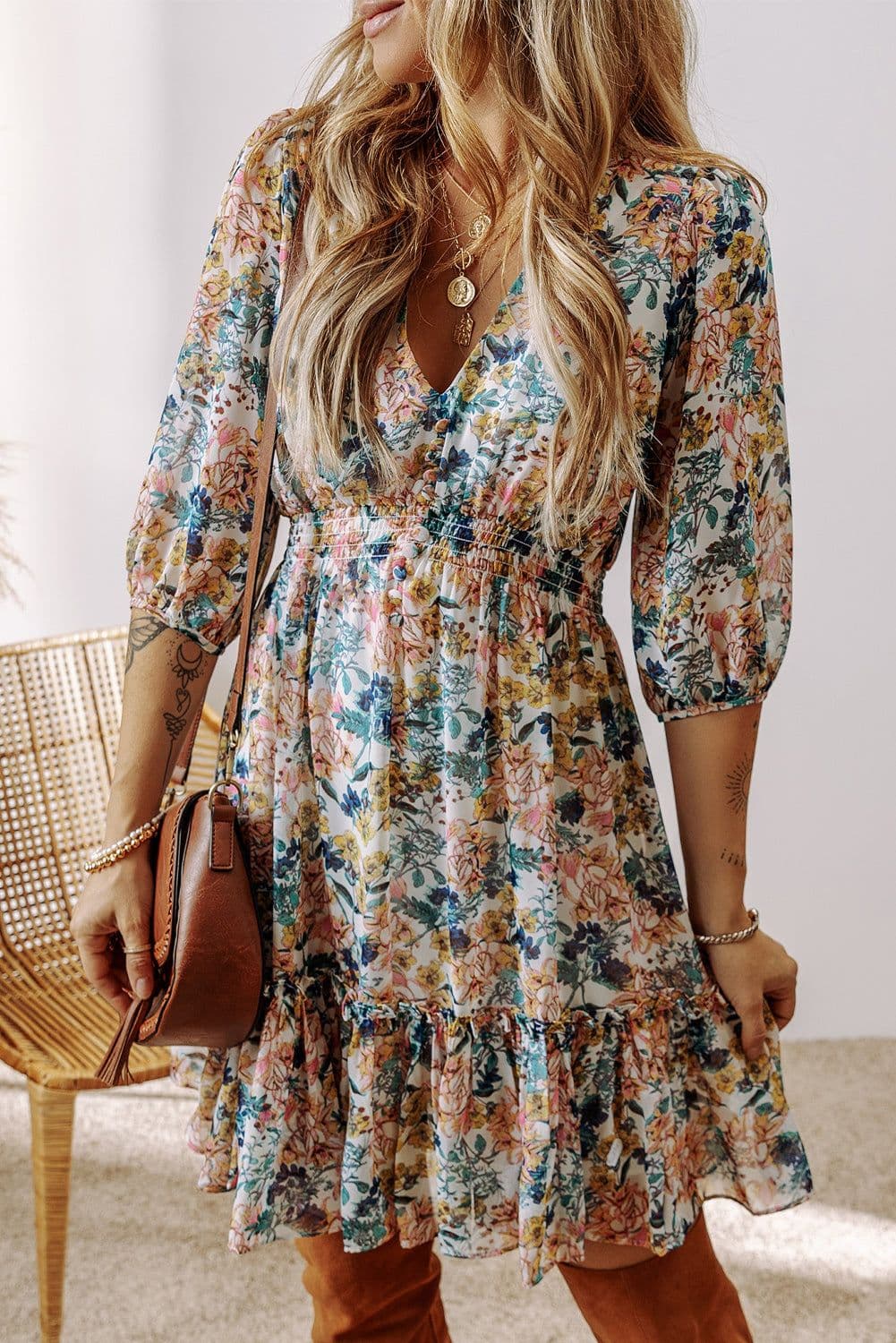 image-Sky Blue Floral V-Neck High Waist Dress 3/4 Sleeves Elegant