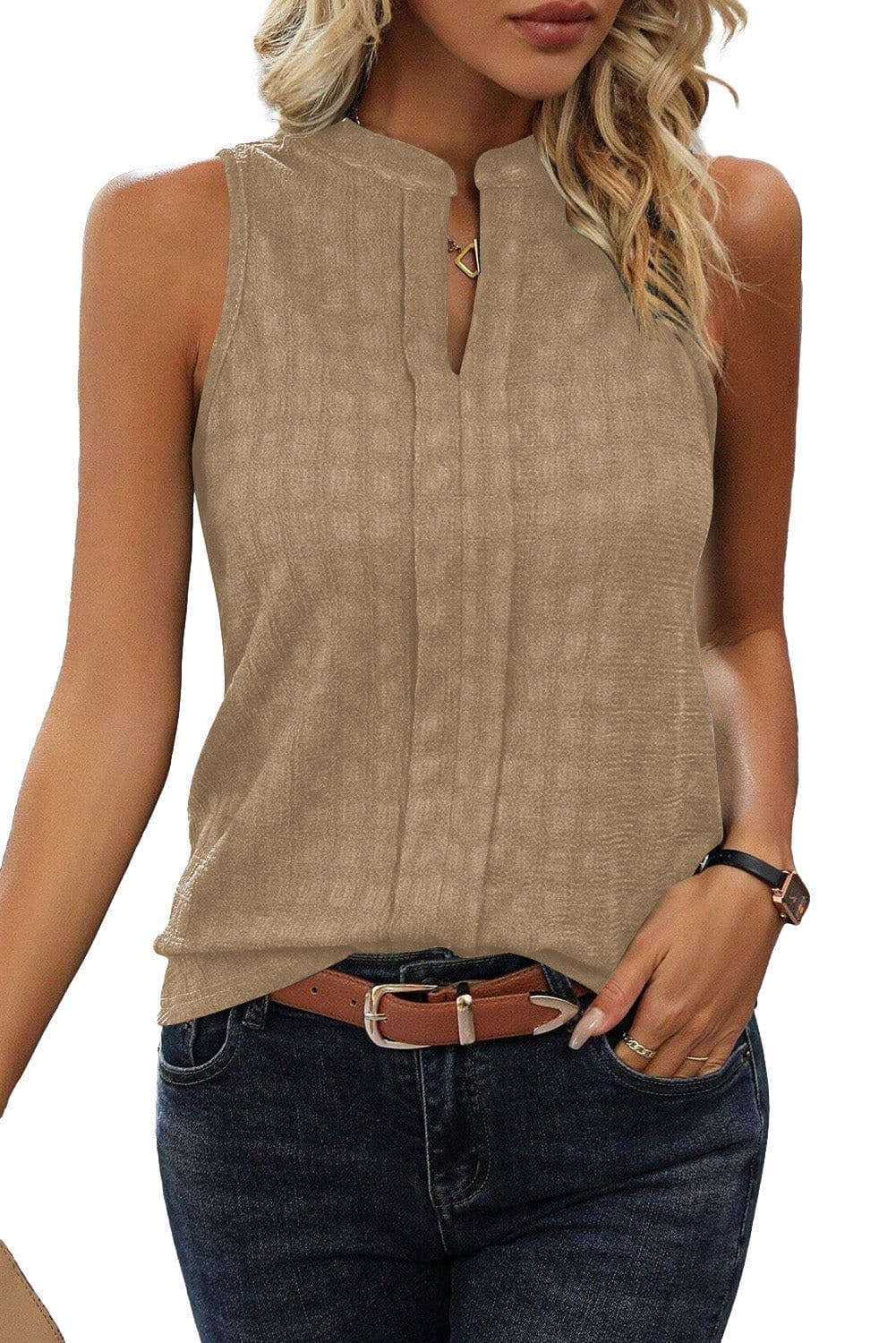 image-Black Lattice Split Neck Tank Top