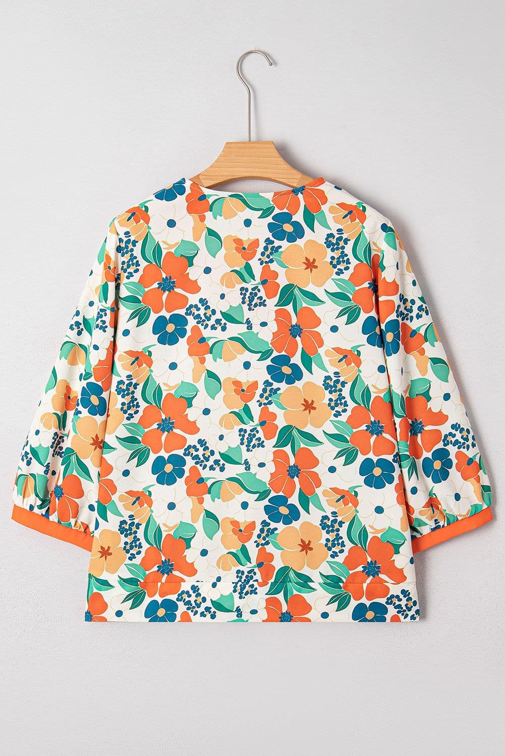 image-Orange Floral Print Blouse - Frilled V Neck