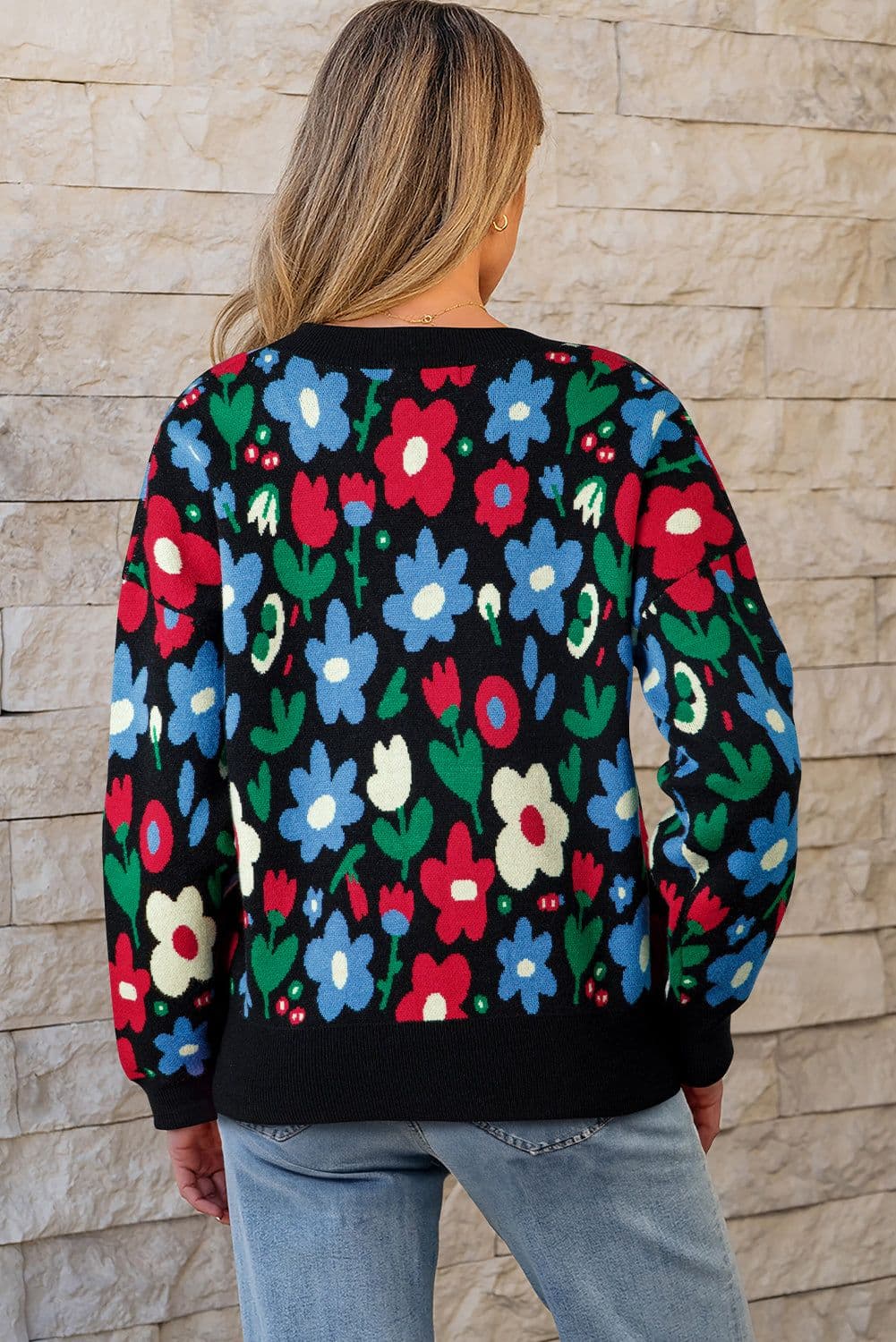image-Black Floral Print V Neck Buttoned Short Cardigan