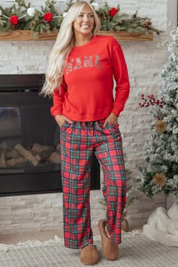 image-Red Plaid Mama Crewneck Lounge Set