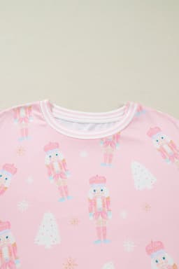 image-Pink Christmas Tree Nutcracker Doll Print Contrast Trim Long Sleeve Top Matching Shorts Set