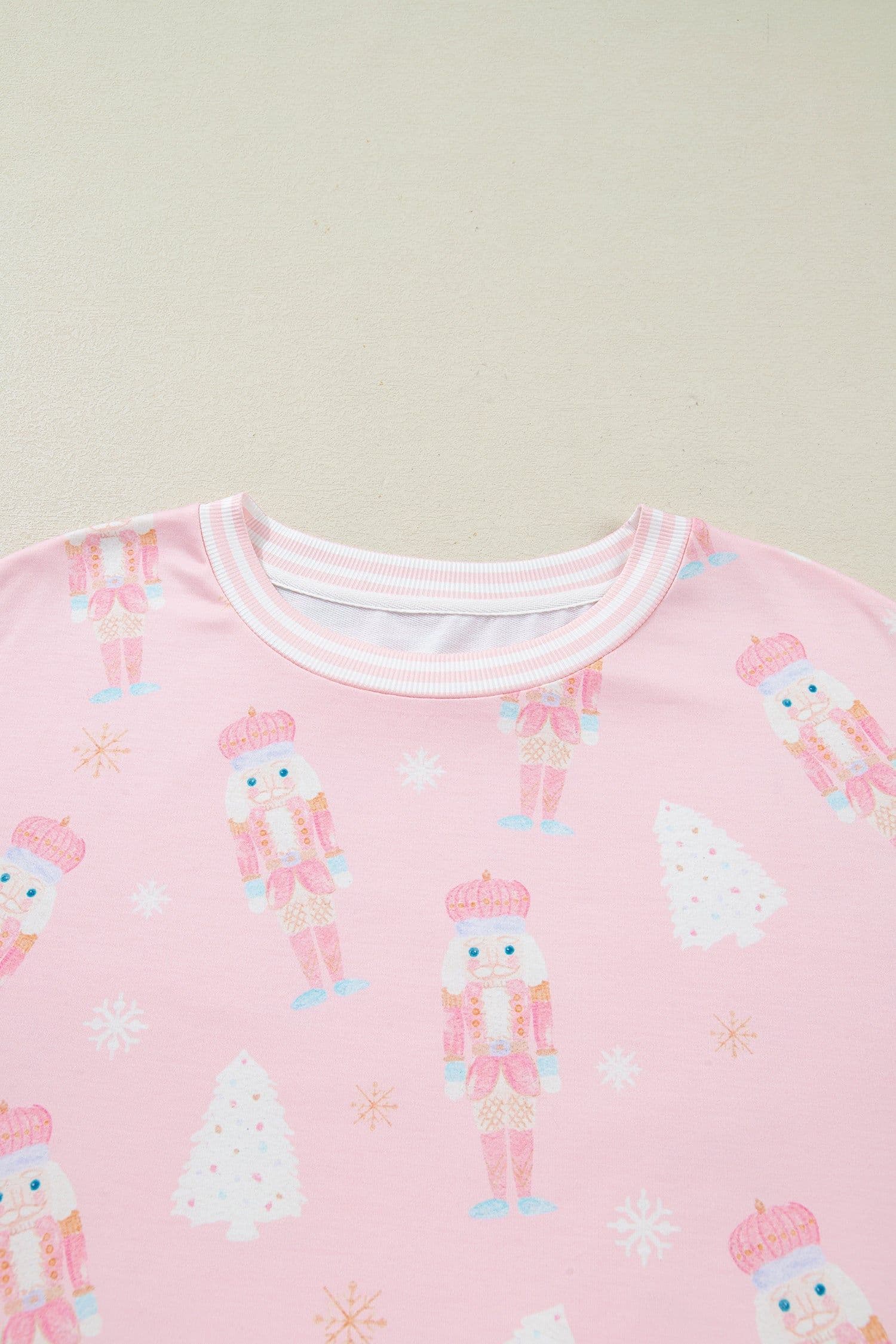image-Pink Christmas Tree Nutcracker Doll Print Contrast Trim Long Sleeve Top Matching Shorts Set