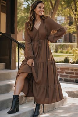 image-Burgundy Solid Long Sleeve Button V Neck Tiered Maxi Dress