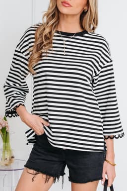 image-Sachet Pink Striped Print Drop Shoulder Lace Trim Bracelet Sleeve Loose Top