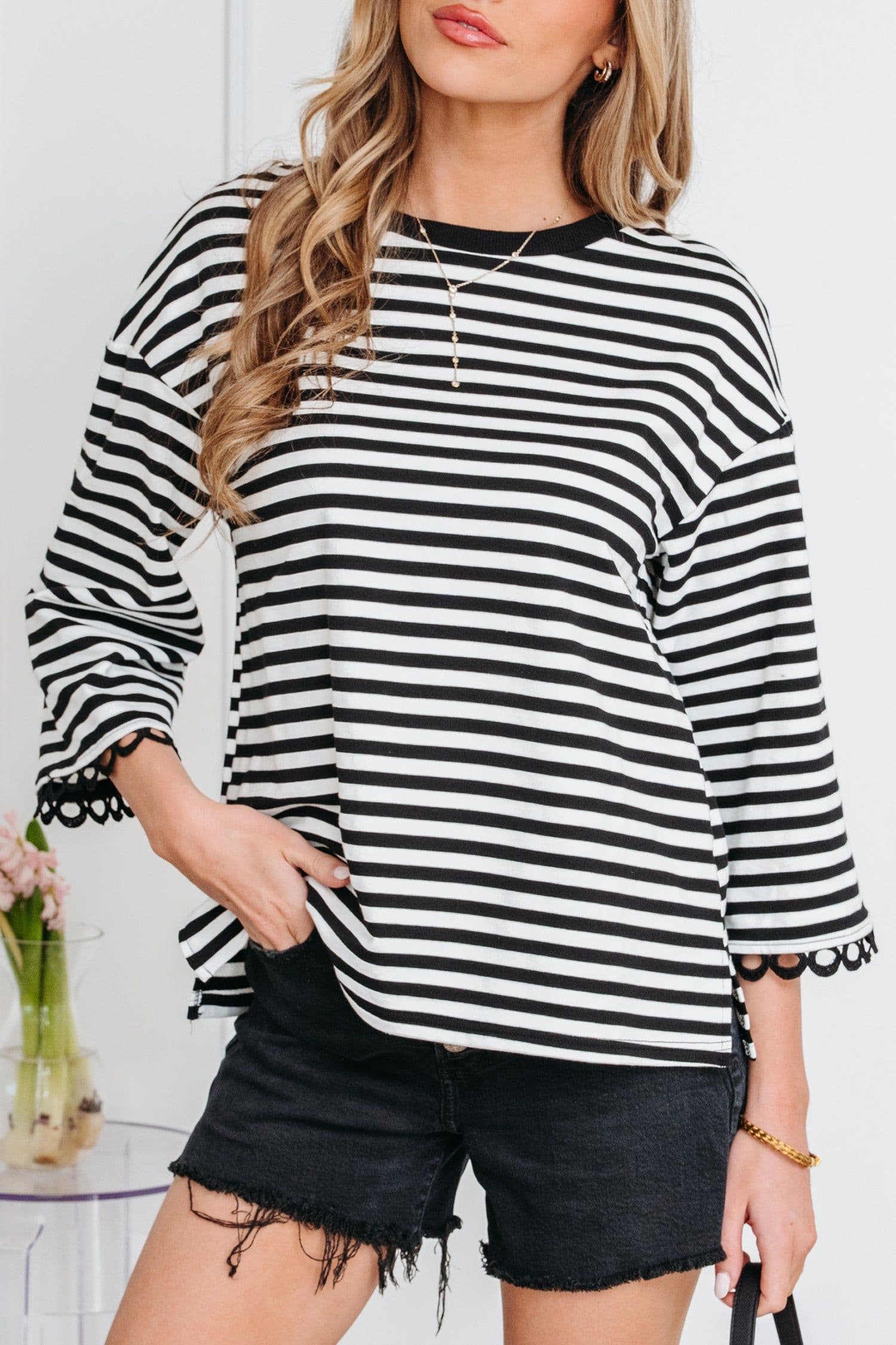 image-Sachet Pink Striped Print Drop Shoulder Lace Trim Bracelet Sleeve Loose Top