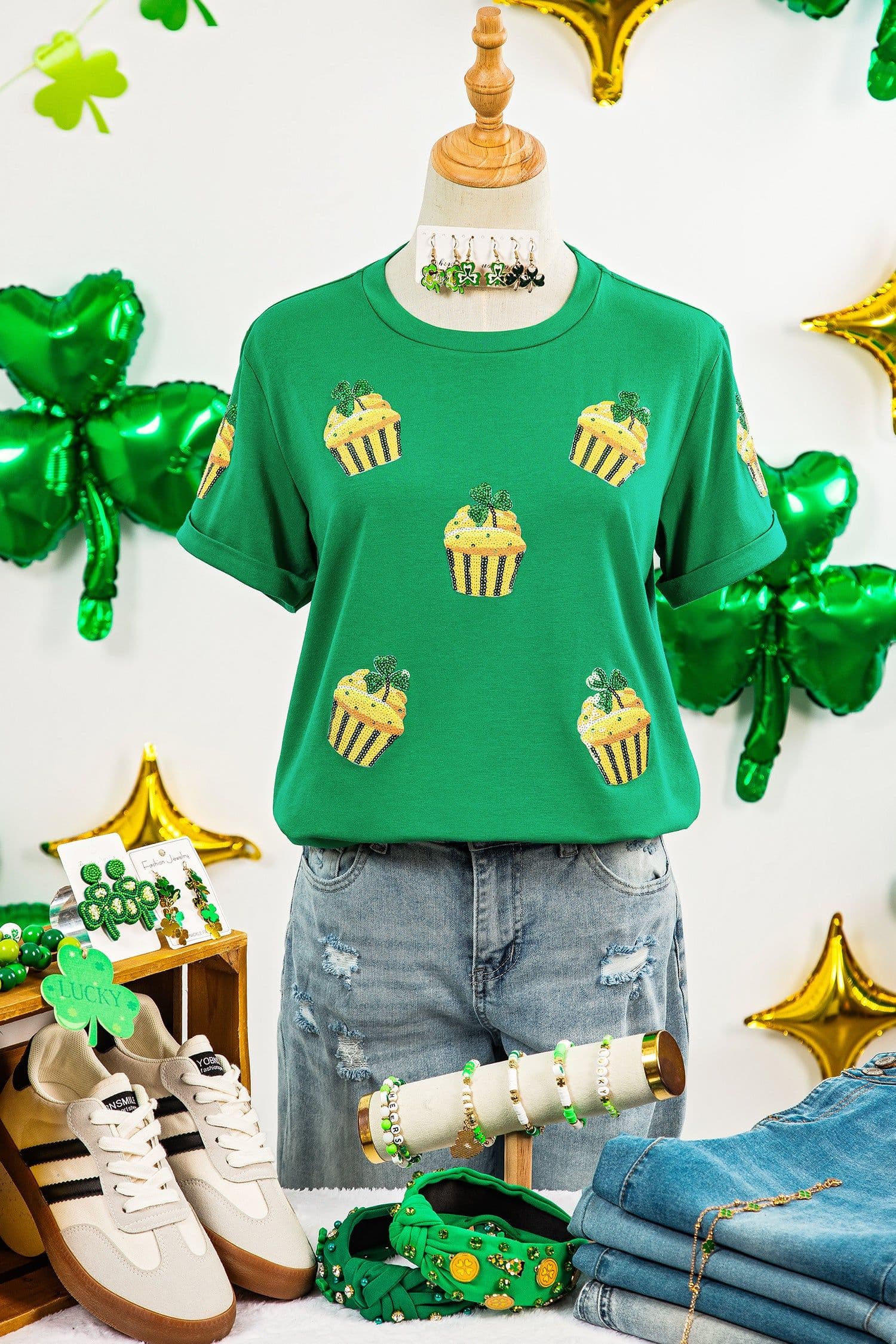 image-Bright Green St Patricks Day Sequin Cupcake Graphic T Shirt