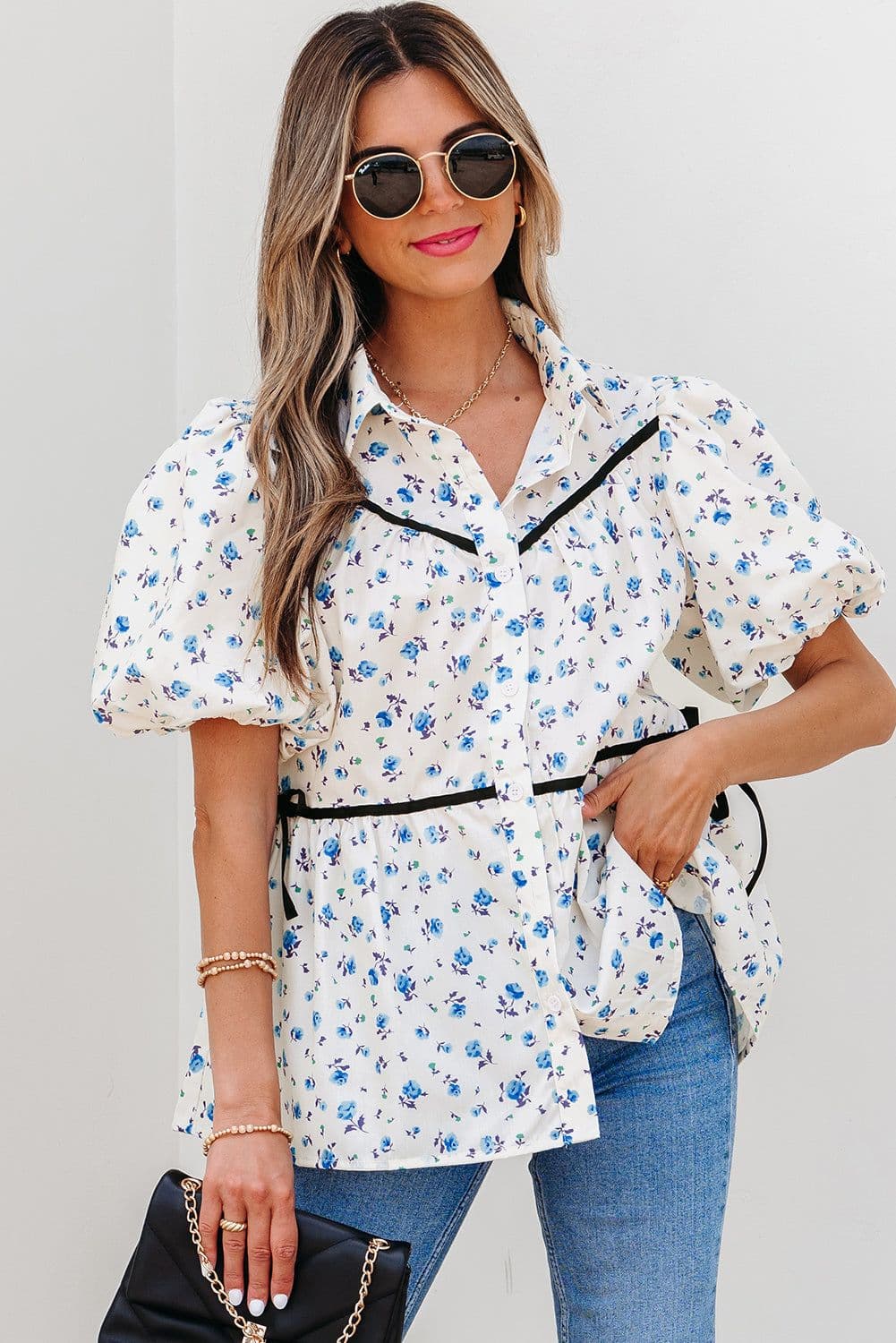 image-White Contrast Trim Floral Puff Short Sleeve Shirt