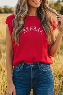 image-Fiery Red YEEHAW Embroidered Letter Loose Short Sleeve Sweater