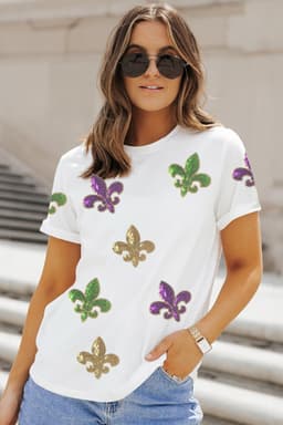 image-White Mardi Gras Fleur De Lis Sequin Graphic T-Shirt - White