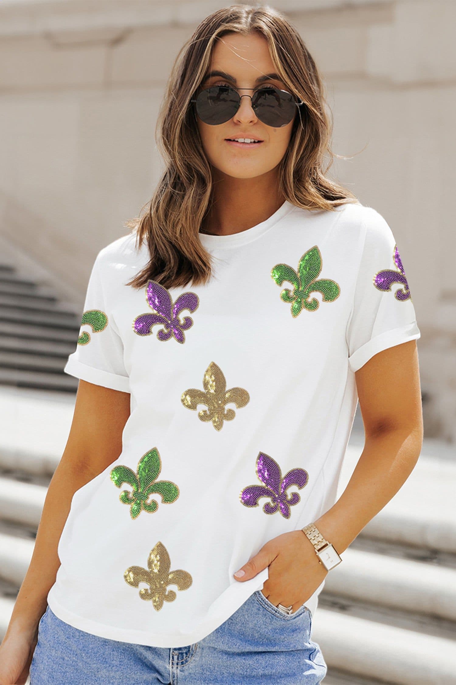 image-White Mardi Gras Fleur De Lis Sequin Graphic T-Shirt - White