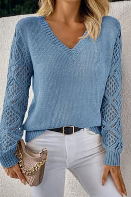 image-Jet Stream V Neck Pointelle Knit Patchwork Sweater